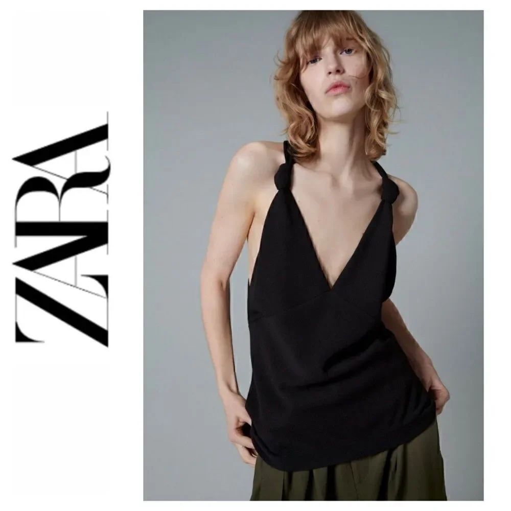 NWT Zara Black Strappy Top with Knots, Size XS